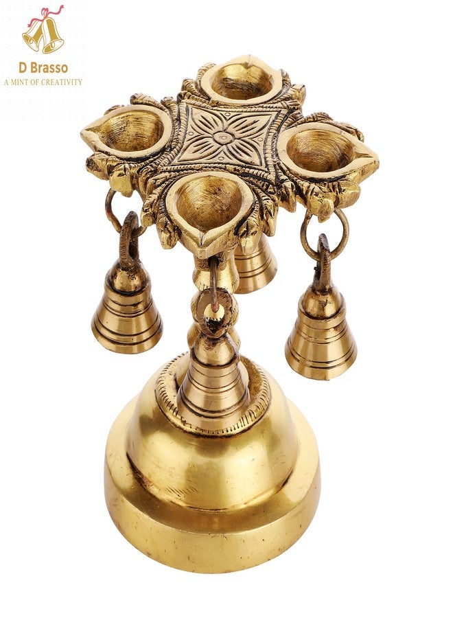 D Brasso Brass Handmade 4 Wick Oil Diya | Antique Finish Brass Diya with Bells | Traditional Pooja Lamp for Temple & Mandir - Image 3
